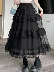 Aiertu  -   party look snspos White Black Mid Long Skirt Women Crochet Lace Skirt Goth Lolita Summer High Waist High Low Ruched Ruffle Pleated Skirts rok Aiertu