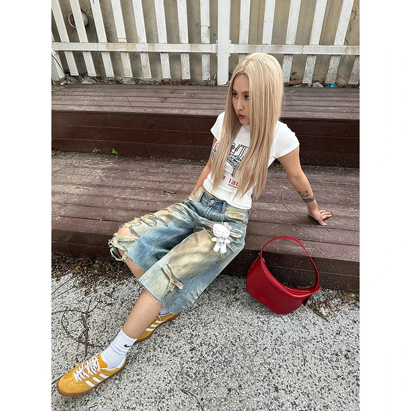 Aiertu  Women Short Jeans Blue American Ripped Y2K Straight Streetwear Wide Leg Pants High Waist Female Summer Knee Length Denim Shorts Aiertu
