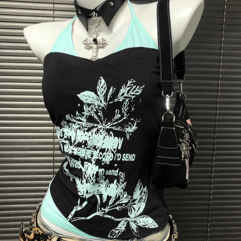 Aiertu  -  Harajuku aesthetic flower letter printing suspender design sleeveless T-shirts women cotton high-quality hip-hop versatile tops Aiertu