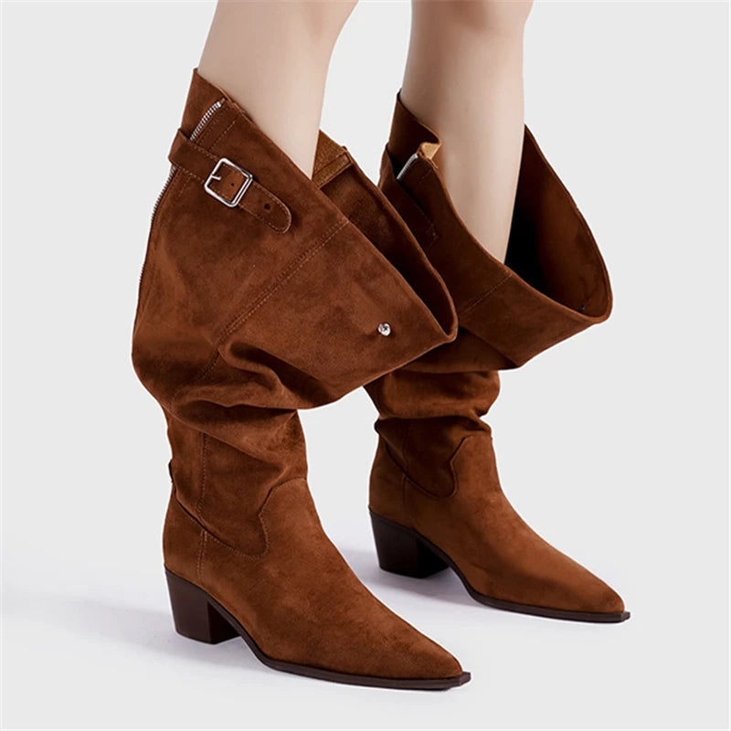 Aiertu  -  Designer Pointed Toe Western Cowboy Boots Women Chunky Heel Retro Belt Buckle Knight Boots Fashion Mujer Luxury Long Botas New Aiertu