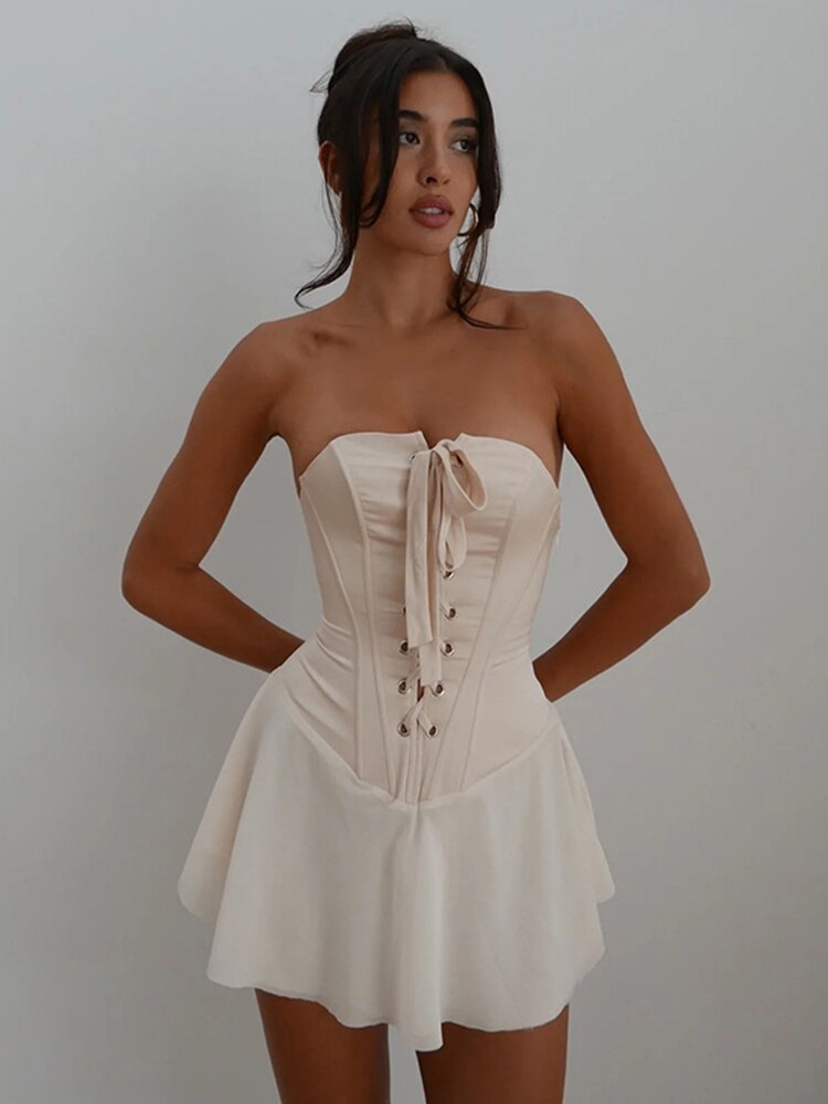 Aiertu  Elegant Strapless Lace Up Corset Mini Dress Party Club Outfit for Women Hot Sexy Sheath Backless Dresses 2025  Summer Clothes Aiertu