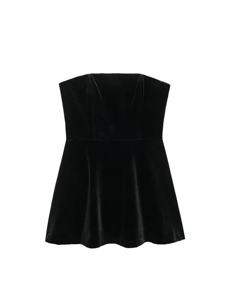 Aiertu  Women Fashion Black Backless Zipper Pleated Mini Dress Vintage Strapless Slash Neck Female Chic Lady Dresses Aiertu