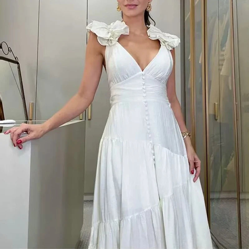 Aiertu  -  Elegant Deep V-neck Sleeveless Evening Dress Women Fashion Pleated Hight Waist Long Dress Sexy Backless Solid Slim Party Dresses Aiertu