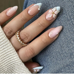 Aiertu  -  24PCS Summer Almond False Nail 3D Flower Shell Fresh Design Fake Nail for Women Full Cover Acrylic Wearable French Nail Tips Art Aiertu