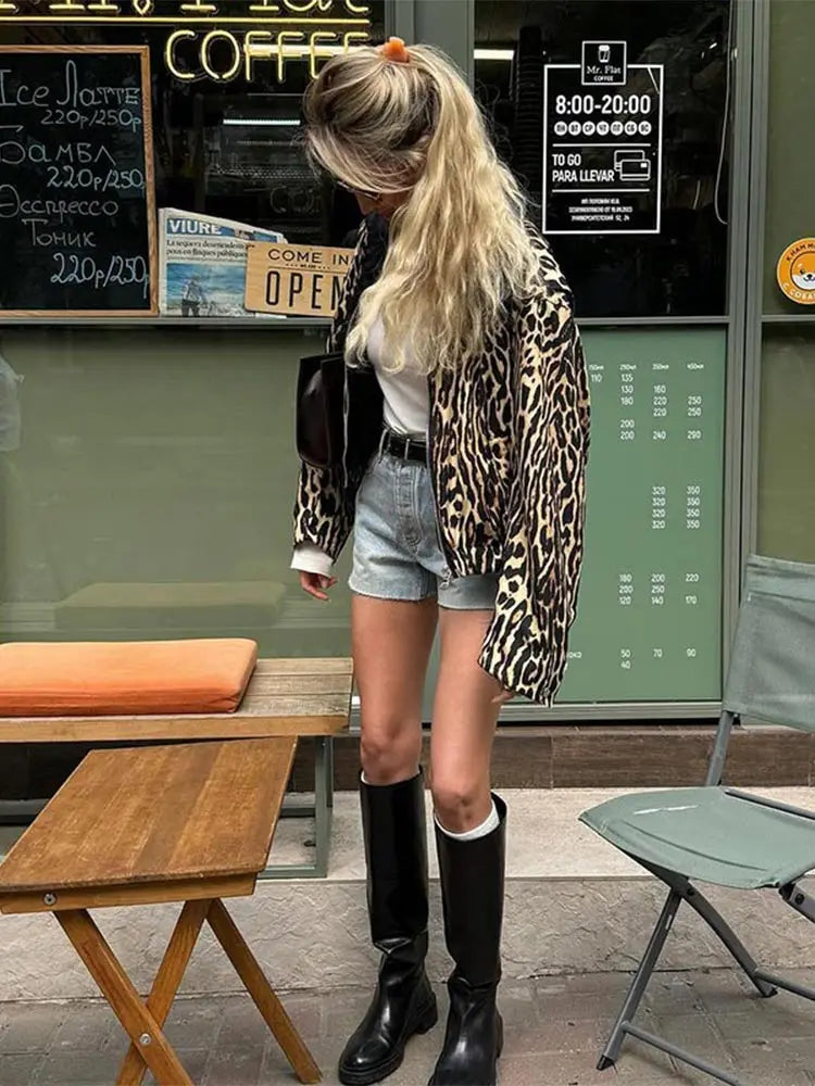 Aiertu  -  Women's Casual Leopard Printed Leather Lapel Patchwork Jacket Chic Zipper Long Sleeve Short Slim Coat 2026 Lady High Streetwear Aiertu