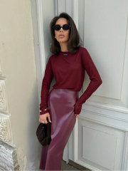 Aiertu  -  Ancora Red High Waist Leather Midi Skirt Elegant Women Slim Fit Split Half Long Skirt 2026 Autumn Fashion Commute Street Wear Aiertu