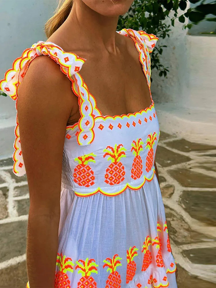 Aiertu  -  Halter Lace Up Print Dress Cake Contrast Color Pleated Layered Suspender Baggy Women Beach Strap Long Dresses Fuffy Robes Summer Aiertu