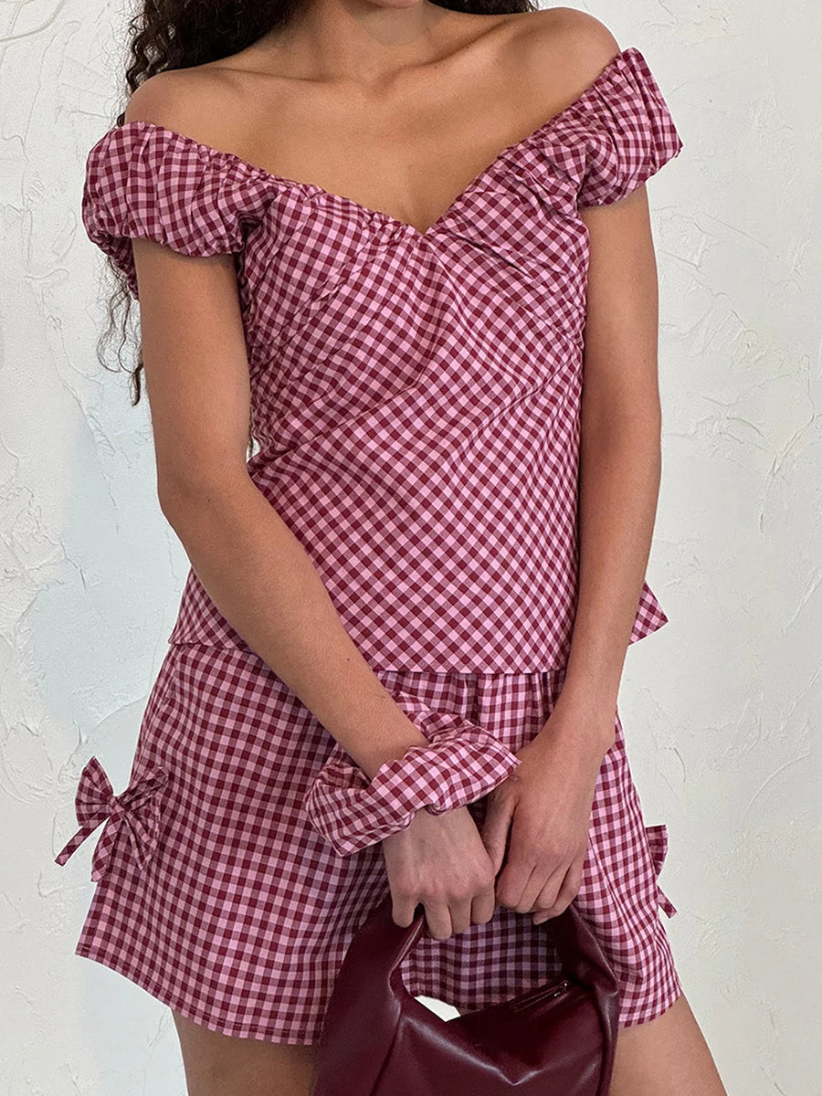 Aiertu  -  Women s Plaid Matching Set with V Neckline Off Shoulder Short Sleeve Top Bow Detail Elastic Waist Shorts and Pockets - 2 Aiertu