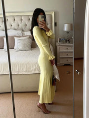 Aiertu  -  Yellow Lapel Single Breasted Petal Sleeve Dress Female Pockets Slim Fit Long Knitted Dresses Autumn New Women High Street Robes Aiertu