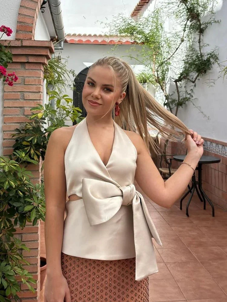 Aiertu  -  Sexy Satin Bow Halter Tank Women Chic Solid Cut Out Sleeveless Backless Top Female 2026 Summer Fashion Party Vest Lady Beachwear Aiertu