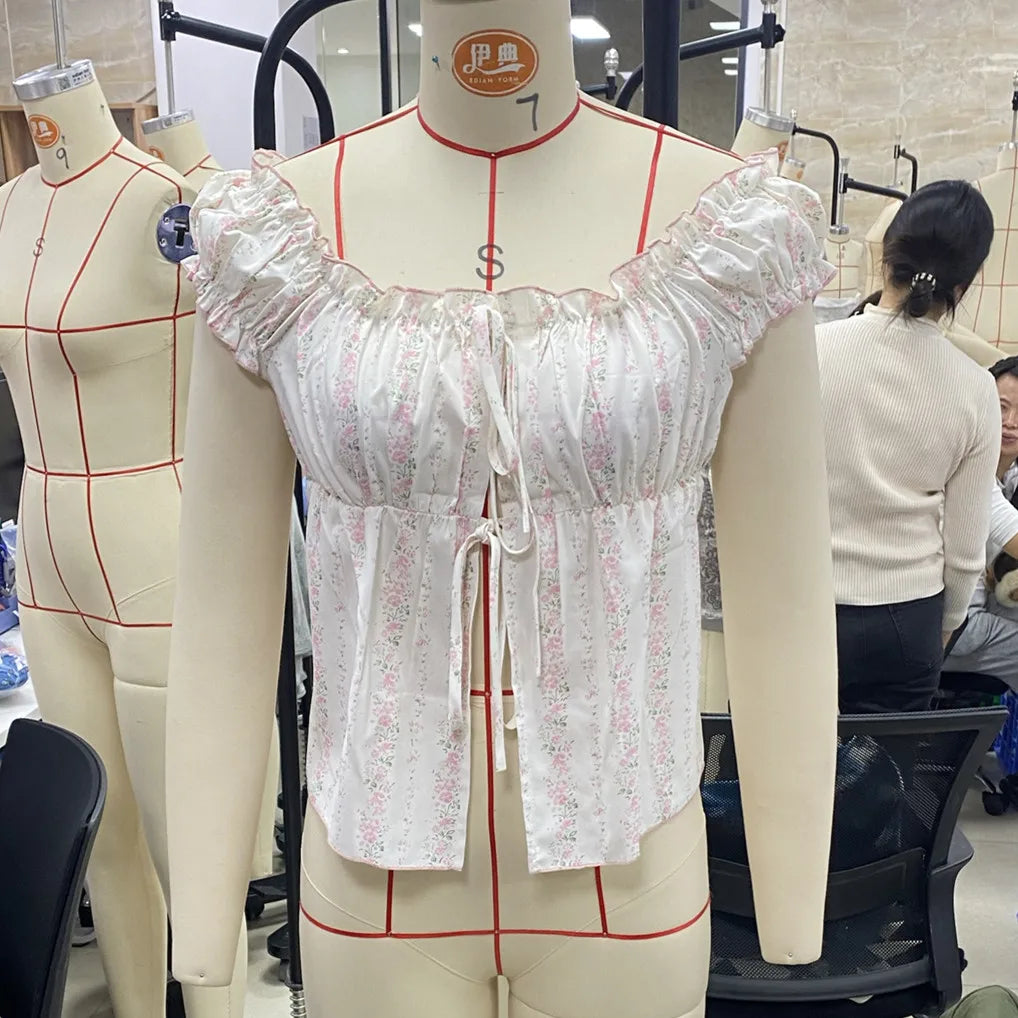 Aiertu  -  Women Y2k Fairy Lace Shirts Cap Sleeve Button Down Lace Patchwork T-Shirts Aesthetic Babydoll Crop Tops Summer Streetwear Aiertu