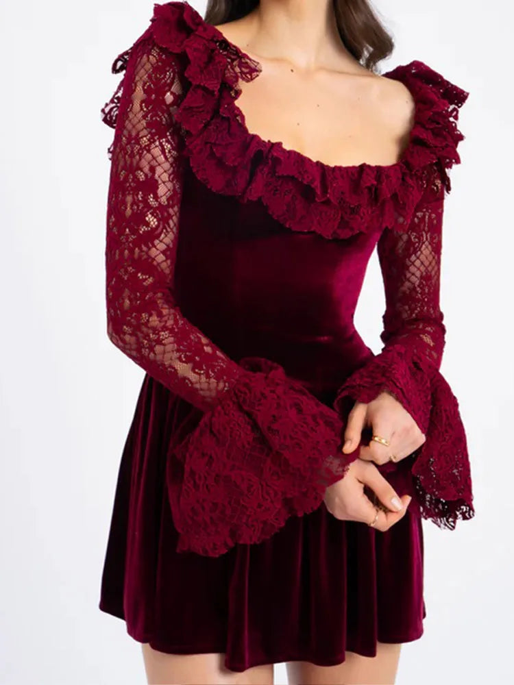 Aiertu  -  Chic Burgundy Lace Hollow Out Flared Sleeves Dress Fashion Women's Square Collar Backless Patchwork Dresses Lady Party Gown Aiertu