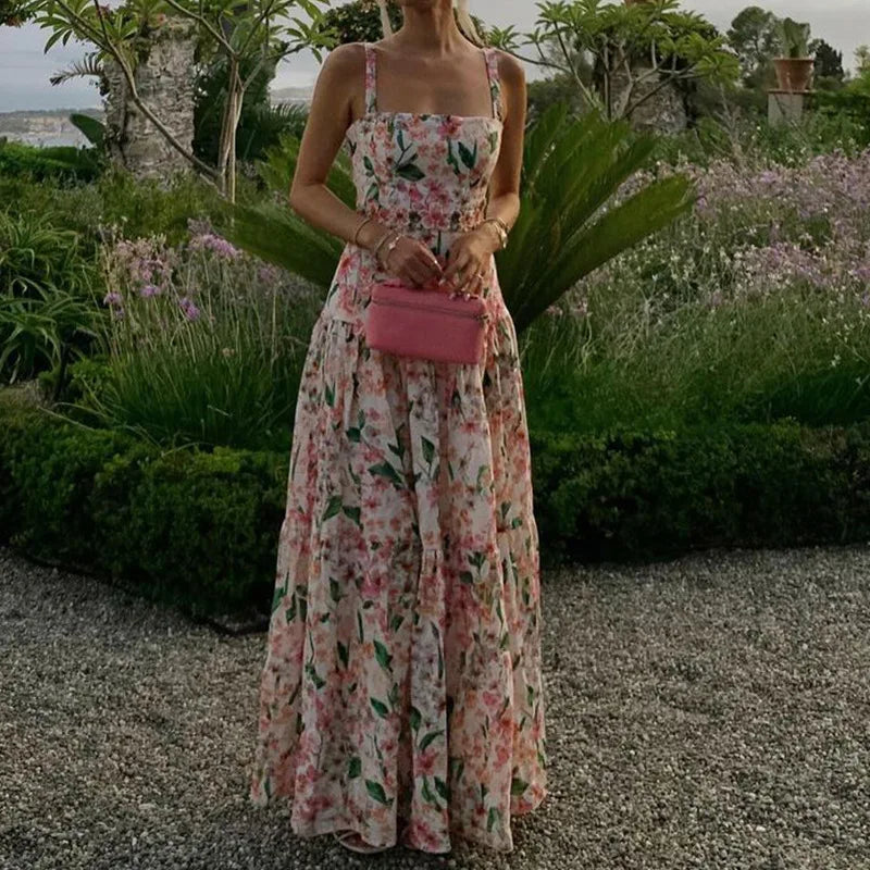 Aiertu  -  Floral Print High Waist Long Dress Summer Hollow Out Sleeveless Garden Party Dress Sexy Off Shoulder Suspender Beach Dress Aiertu