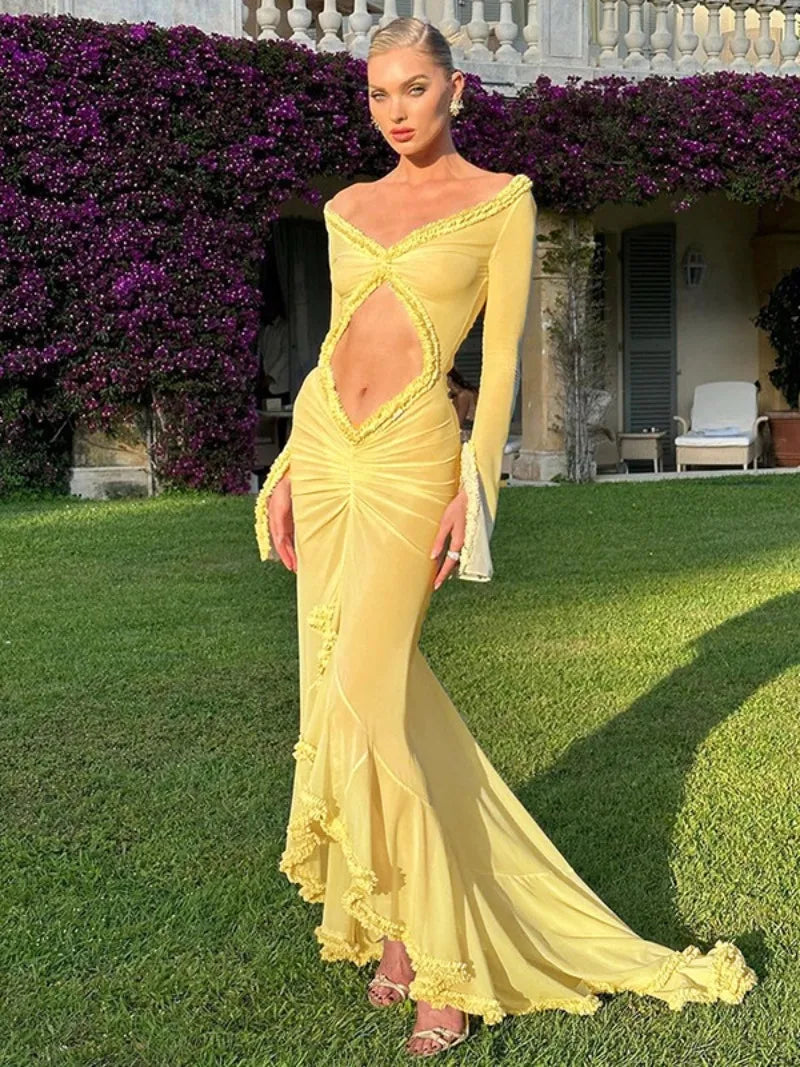 Aiertu  -  Woman Elegant Hollow Out Long Maxi Vacation Dress 2026 Summer V-neck Ruffles See-through Formal Occasion Evening Party Dresses Aiertu