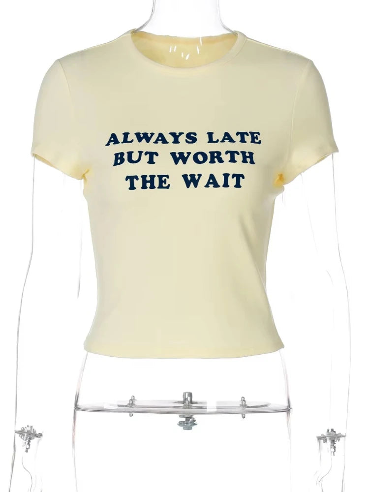 Aiertu  -  Y2K Light Yellow T-shirts for Women 2026 Summer O-neck Short Sleeve Letter Print Slim T Shirt Streetwear Girls Tees Crop Tops Aiertu