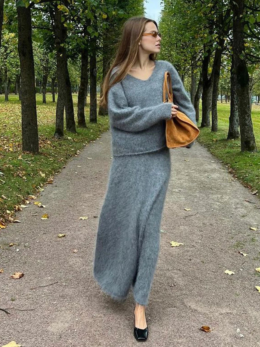 Aiertu  -  Solid Knitted Skirt 2 Piece Set Women Autumn Winter V Neck Long Sleeve Pullover Sweater+Long Skirts Elegant Fashion Vintage Sets Aiertu