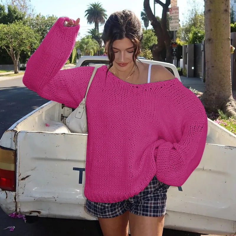 Aiertu  -  Loose Big V Neck knitted Sweater For Women Casual Solid Color Pullovers Top Long Sleeve Hollow Top Autumn Winter New 2026 Aiertu