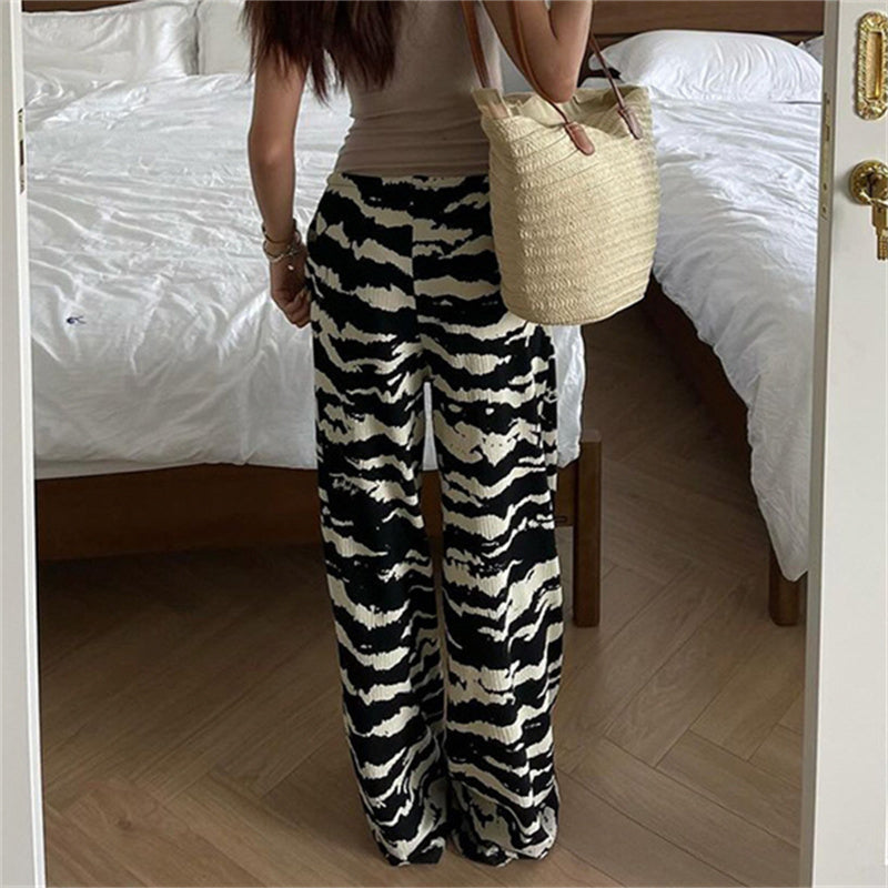 Aiertu  -  -Y2K Pants Women Zebra Print Knit Wide Leg Pants Streetwear Drawstring Elastic Straight Trousers Casual All Match Chic Outfits Aiertu