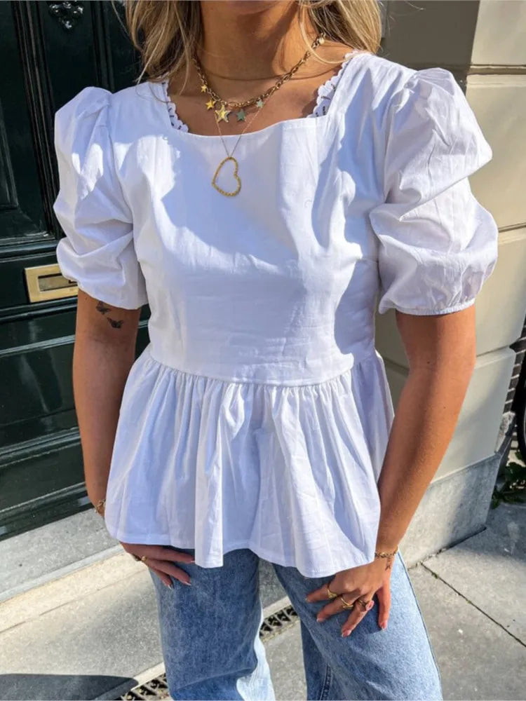 Aiertu  -  Back Lace Up Bow Shirt Top Square Collar Hollowed Out Casual Temperament Waist Cinching Summer Women White Short Sleeved Blouse Aiertu
