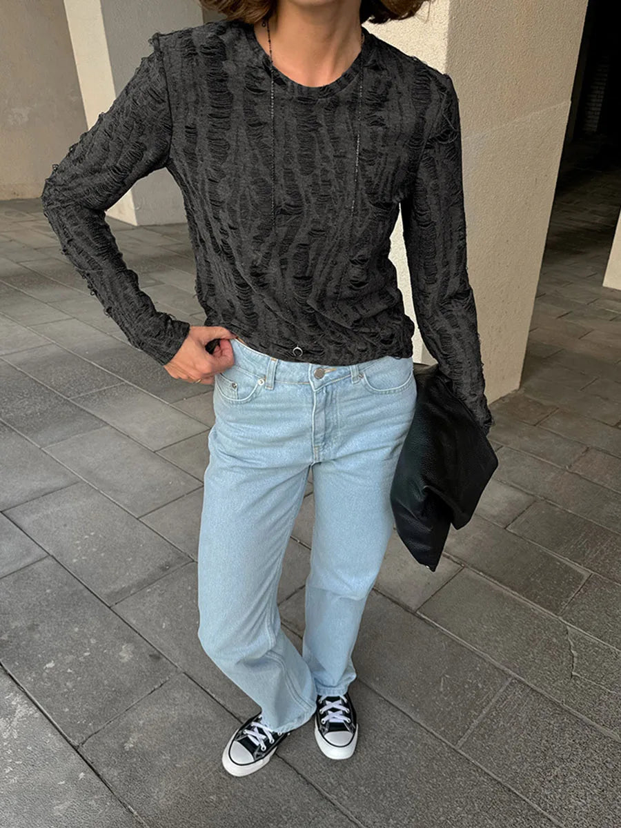 Aiertu  -  Gray Ripped Distressed T-shirt Women Autumn New O Neck Long Sleeve Tops T-shirts Streetwear Fashion Basic Vintage Tees Female Aiertu