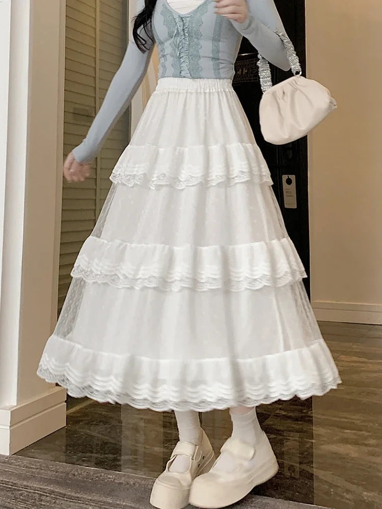 Aiertu  -   party look snspos White Black Mid Long Skirt Women Crochet Lace Skirt Goth Lolita Summer High Waist High Low Ruched Ruffle Pleated Skirts rok Aiertu