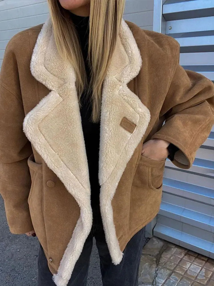 Aiertu  -  Vintage Patchwork Women Jacket Lapel Lamb Wool Pocket Lady Coat 2024 Fashion Full Sleeve Autumn Winter Warm Thicken Female Top Aiertu