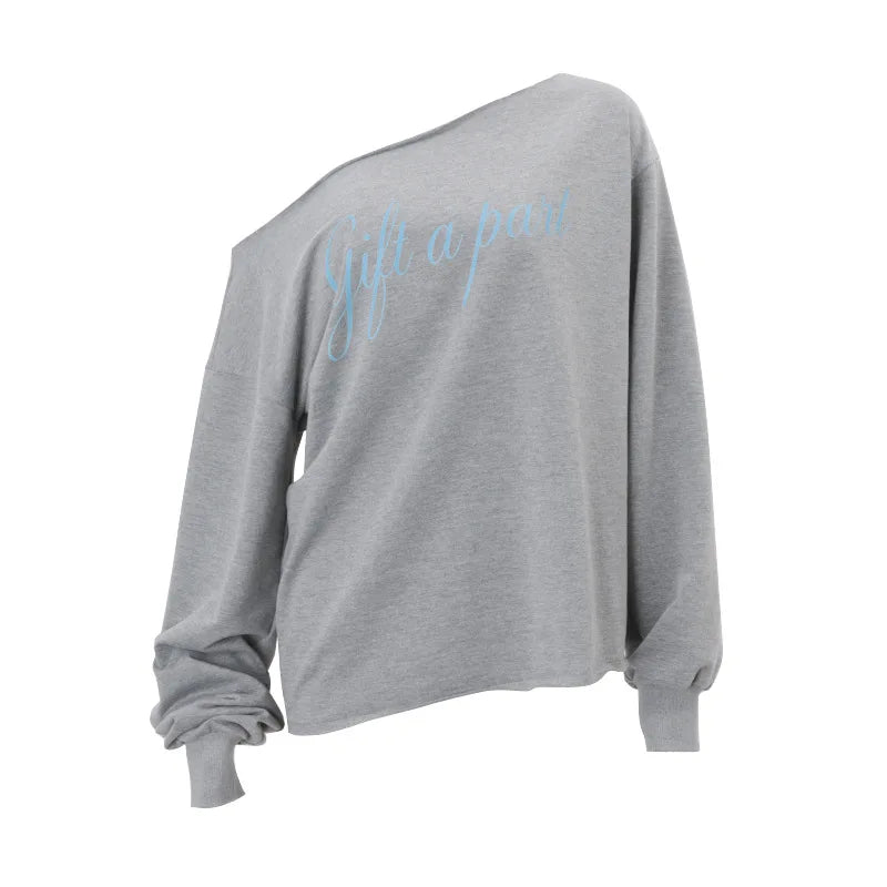 Aiertu  Letter Print Long Sleeve Skew Collar Loose Casual Irregular T-Shirt Fashion Vintage Tops Autumn Streetwear Sweatshirt Aiertu