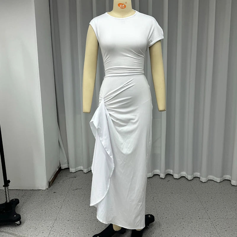 Aiertu  -  Long Dress Women Fashion Casual Solid Round Neck Short Sleeve Irregular Twisted Pleated Lace Up Nipped Waist Slit Dress Aiertu