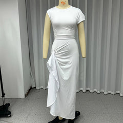 Aiertu  -  Long Dress Women Fashion Casual Solid Round Neck Short Sleeve Irregular Twisted Pleated Lace Up Nipped Waist Slit Dress Aiertu