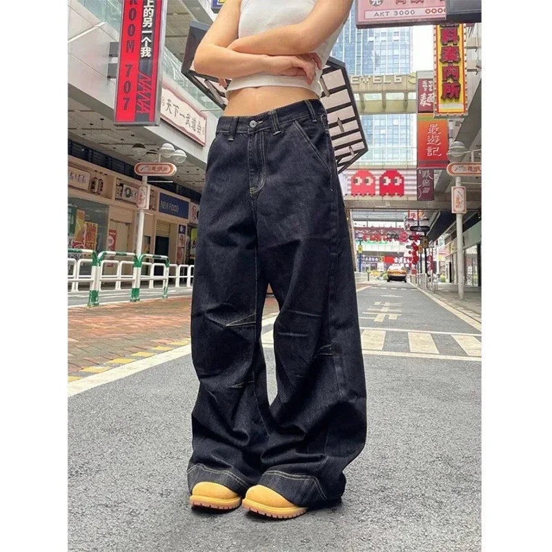 Aiertu  -  Grunge Black Jeans Women Y2k Vintage Oversized High Street Wide Cargo Denim Trousers Casual Baggy Straight Denim Pants Aiertu