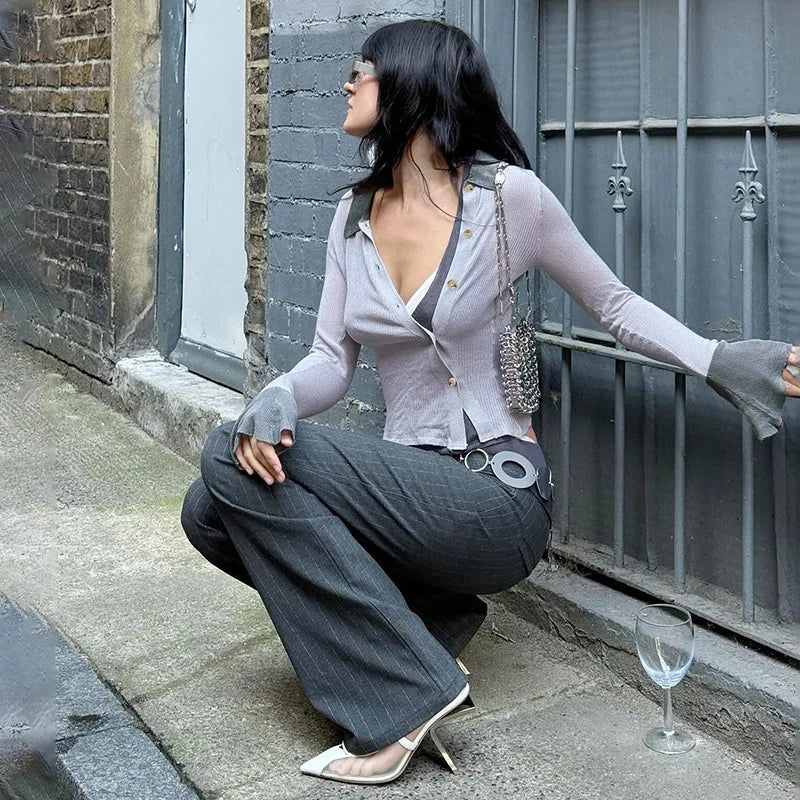 Aiertu  -  Hollow Button Knitted Cardigan Top Female Sexy See Through Lapel Contrast Slim Spring New Long Sleeve Women's Sweater Top Aiertu