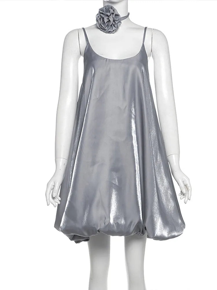 Aiertu  -  Fashion Glitter Dress Women Sling With Choker Sleeveless Backless Ruffle A-line Mini Dresses Female 2025 Spring Summer Lady Robe Aiertu