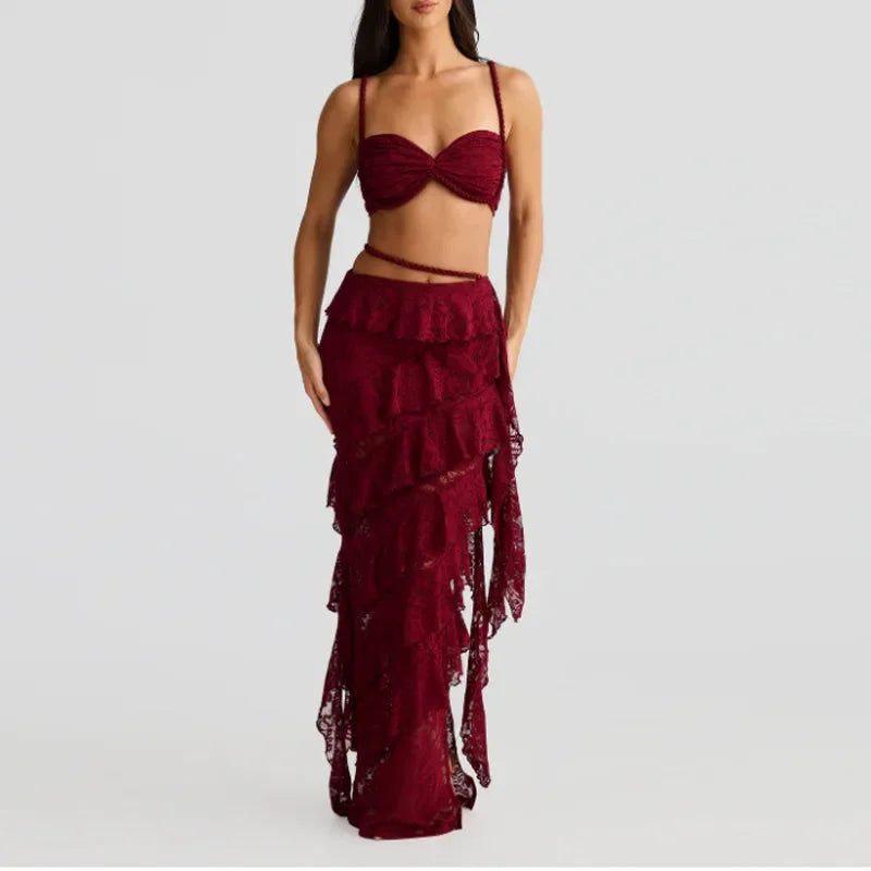 Aiertu  -  Hollow Out Knitted Twist Tank Skirt Set Women Backless Strap Corset Stacked Ruffled Skirts Suit 2025 Summer Beach Lady Outfits Aiertu