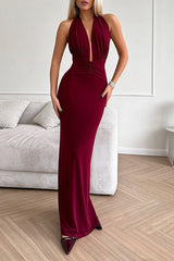 Aiertu  -Sexy Solid Color Backless Ruched Halter Evening Dresses aiertu