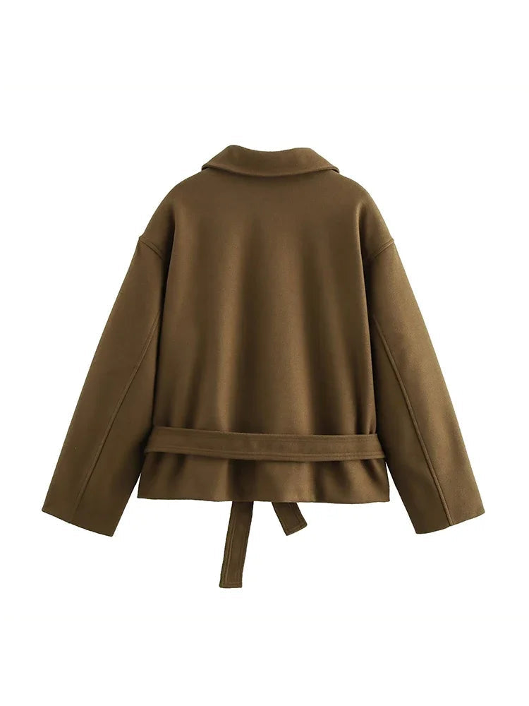 Aiertu  Women Fashion With Belt Brown Single Breasted Jackets Vintage Lapel Neck Long Sleeves Female Chic Lady Outfits Aiertu