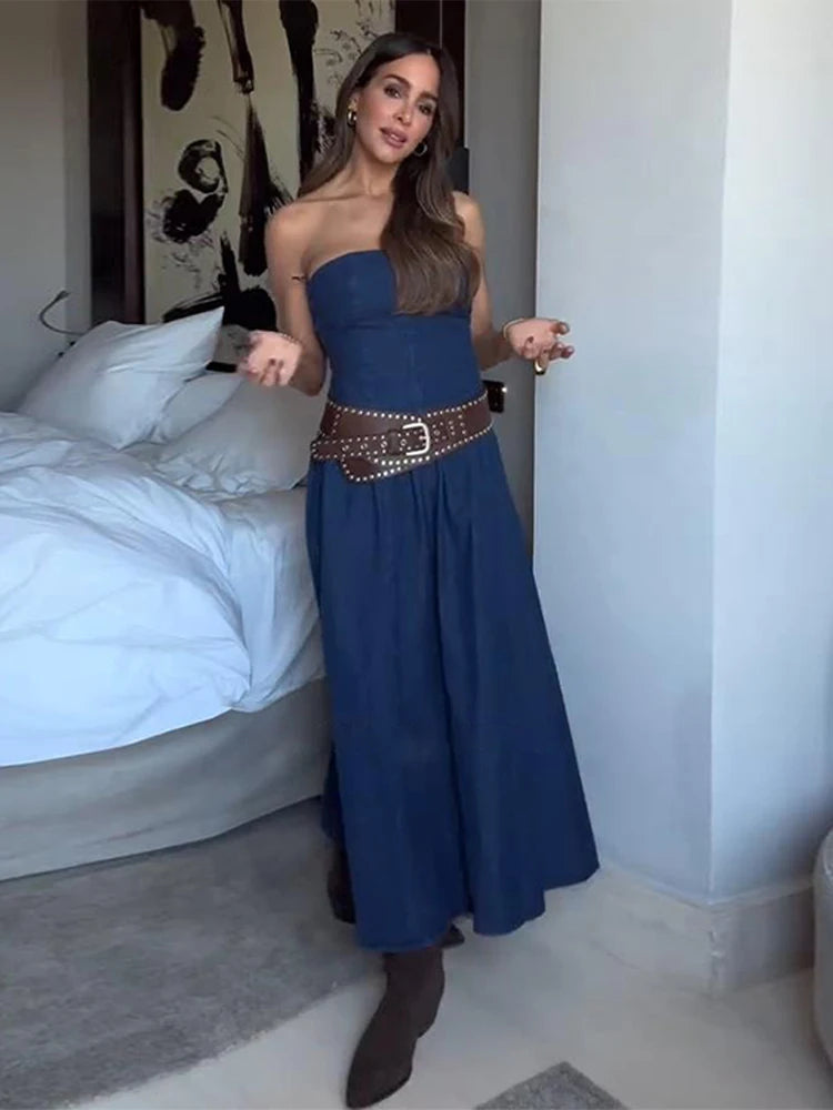 Aiertu  -  Strapless Denim Long Dress Sexy Backless Waist Cinched Cowboy Pleated Dresses Off Shoulder Street Trends Robes Women's Clothing Aiertu