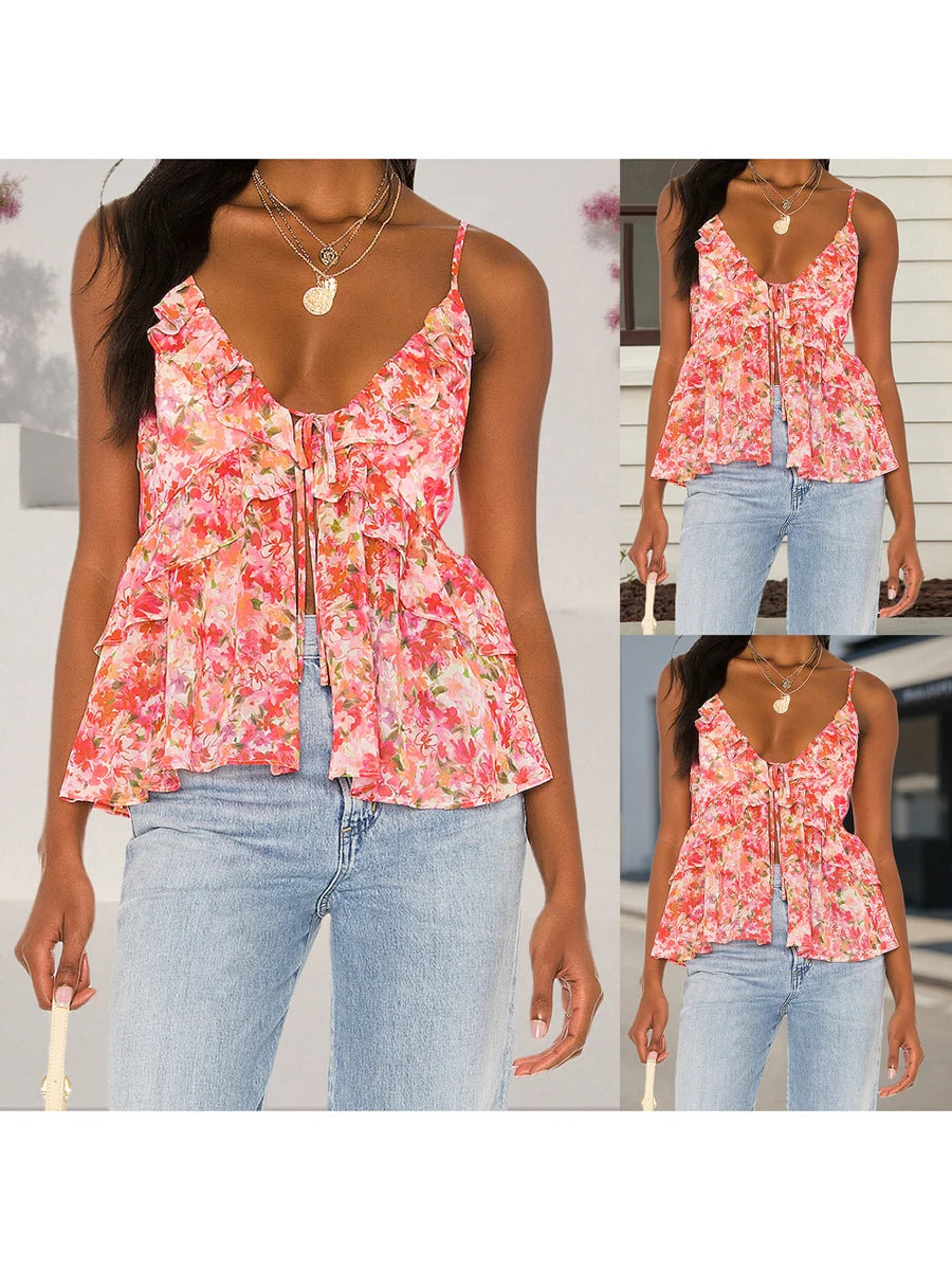 Aiertu  -  Women s Floral Print Spaghetti Strap Tank Top Sleeveless Camisole Casual Summer Fashion Streetwear Tops for Ladies Aiertu