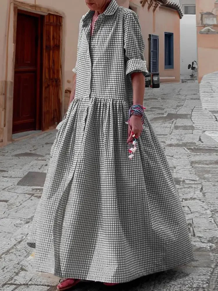 Aiertu  -  Women Spring Autumn New Casual Fashion Plaid Pleated Lapel Shirts Dress Long Sleeve Loose Going Out Vacation Maxi Dresses Aiertu