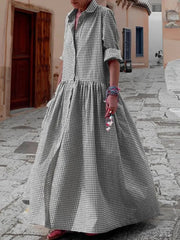 Aiertu  -  Women Spring Autumn New Casual Fashion Plaid Pleated Lapel Shirts Dress Long Sleeve Loose Going Out Vacation Maxi Dresses Aiertu