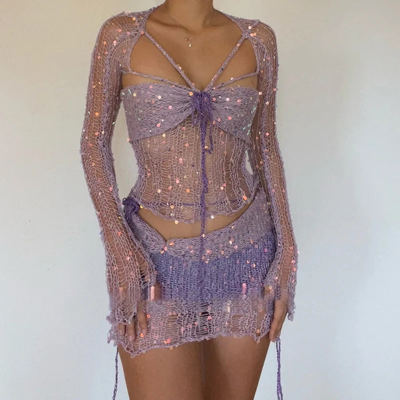 Aiertu  -  Women Fashion Knit Slim 3Pc Sets Sexy Hollow Long Sleeve Cardigan & Top & Mini Skirt Suit Elegant Sequin Hot Girls Skirt Outfits Aiertu