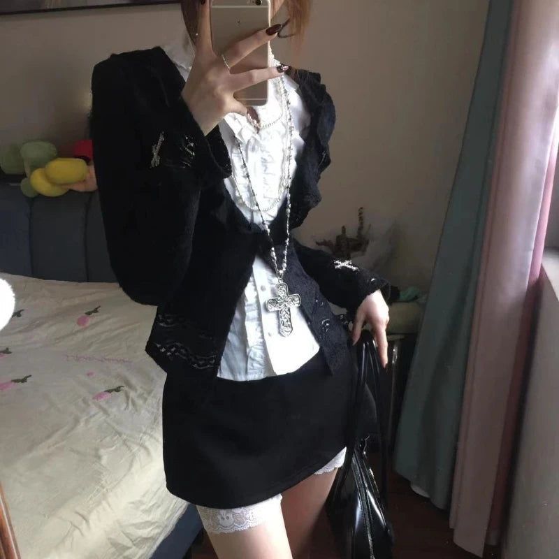 Aiertu  -  French Sweet Cool Harajuku Popular 3 Piece Sets Y2k Exquisite Draped White Blouse Black Cardigan Japan Punk Streetwear Skirts Aiertu