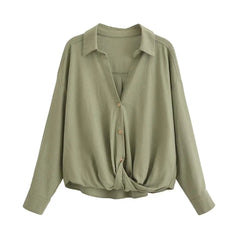 Aiertu  -  Linen Blended Twist Lapel Long Sleeve Casual Shirt Women's New Fashion Versatile Niche Design Top Aiertu