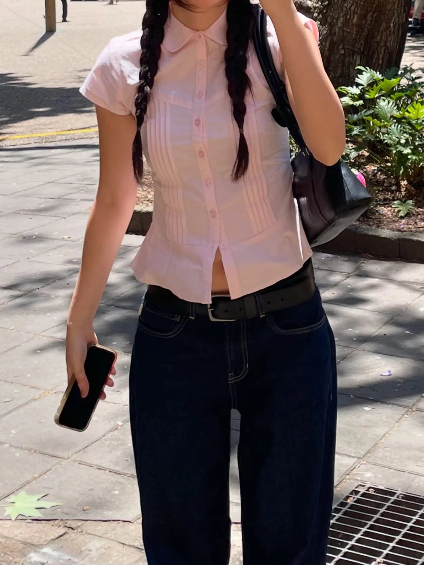 Aiertu  Turn-Down Collar Button-Up Corset Blouse Women's Casual Solid Tee Shirt Korean Short Sleeve Fashion Cute Top Aiertu