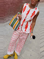 Aiertu    -  Fashion Women's Printed Vest Trouser Suits Sleeveless O-Neck Button Straight Pants Lady Sets 2025 Summer 2 Pieces Set Women Aiertu