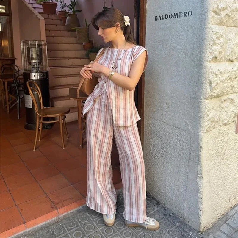 Aiertu  -  Elegant Striped Print Vest Pants Set Women Asymmetric Single Breasted Tops Wide Leg Trouser 2026 Summer Lady Casual Outfits Aiertu