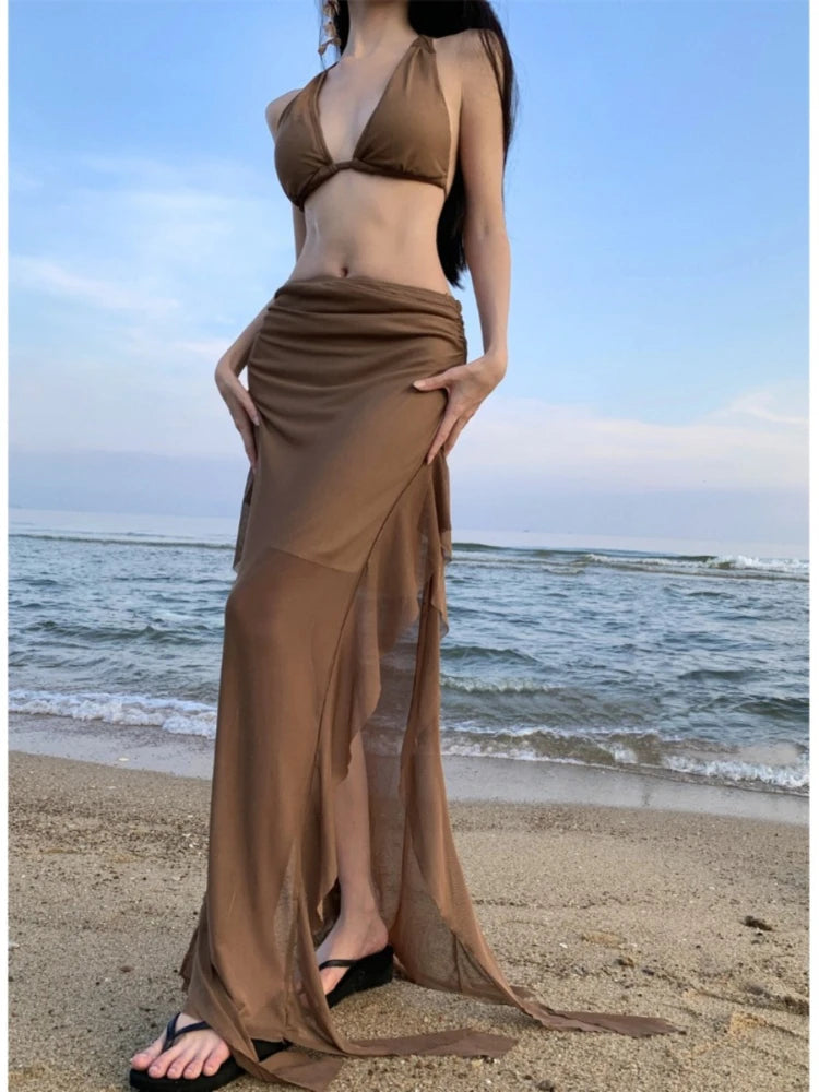 Aiertu  -  Fashion Women's Summer Brown V Neck Backless Halter Bandage Vest Tops And High Waisted Irregular Long Half Skirt Two Piece Sets Aiertu