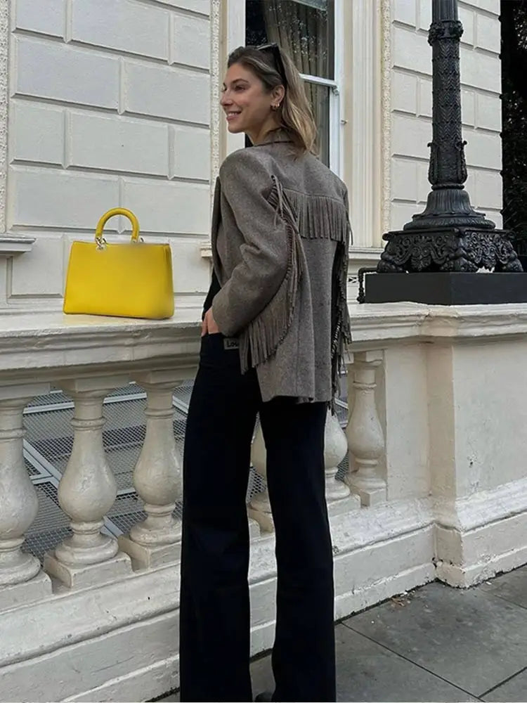 Aiertu  -  Casual Tassels Patchwork Long Sleeves Blazer Women Lapel Single Breasted Buckle Slim Jacket 2026 New Female Commute Outwear Aiertu