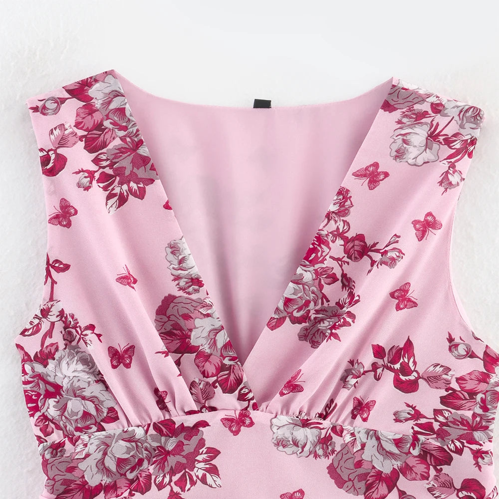 Aiertu  -  Pink White Deep Blue Three Color V Neck Sleeveless Floral Print Stacked Skirt Edge Design Women Short Dress ZATT 2025 Summer New Aiertu