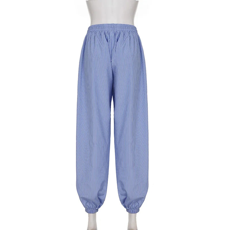 Aiertu  -  Streetwear Blue Striped Print Casual Pants Elastic Low Rise Loose Trousers y2k Aesthetic Korean Style Hippie Trousers Aiertu