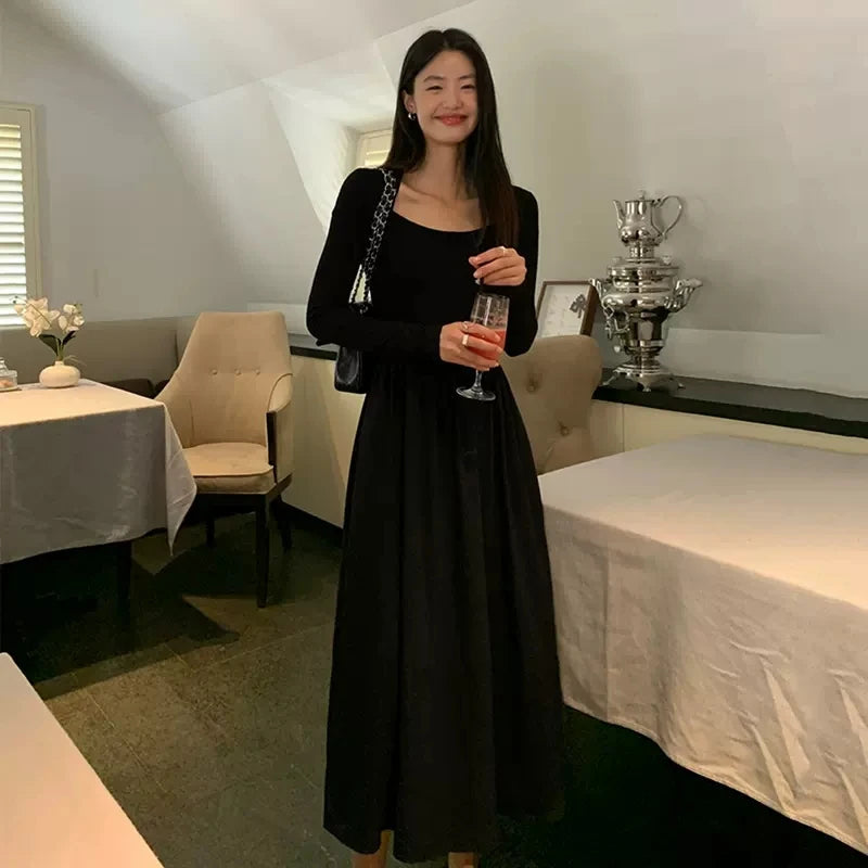 Aiertu Vintage Square Collar Maxi Wedding Dresses for Women Clothing Party Office Lady Casual Black Pockets Bodycon Midi Dress Autumn Aiertu